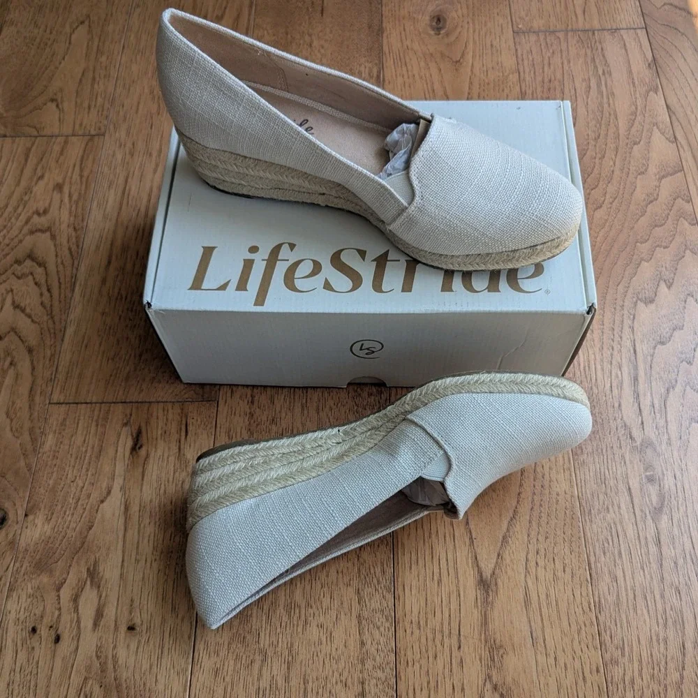 LifeStride Espadrille Wedge Beige Fabric Velocity 2.0 Womens 8.5M Comfort‎ Jute